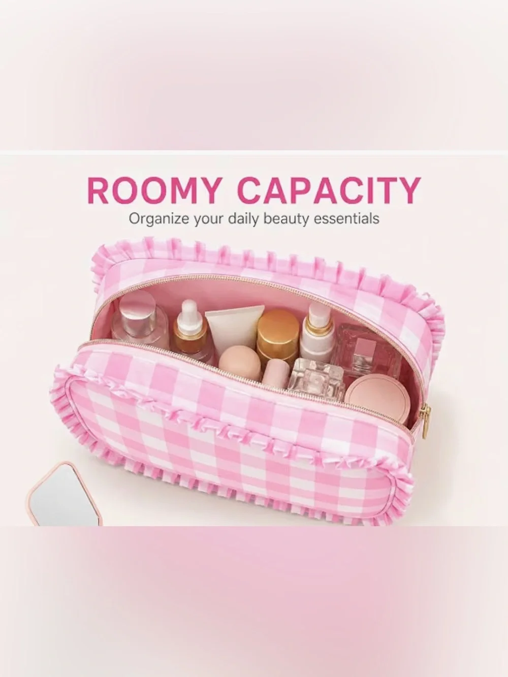 Pink Gingham Ruffle Cosmetic Bag - Women Bags